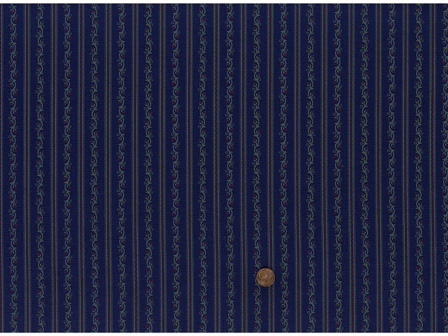 Trachtenbaumwollstoff jeansblau Blumen Streifen bordeaux / kiesel 